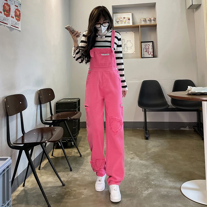 

Retro American Denim Overalls Women's Loose Korean Style Autumn New Small Size Wide Leg Jumpsuit Youth High Waist Jeans