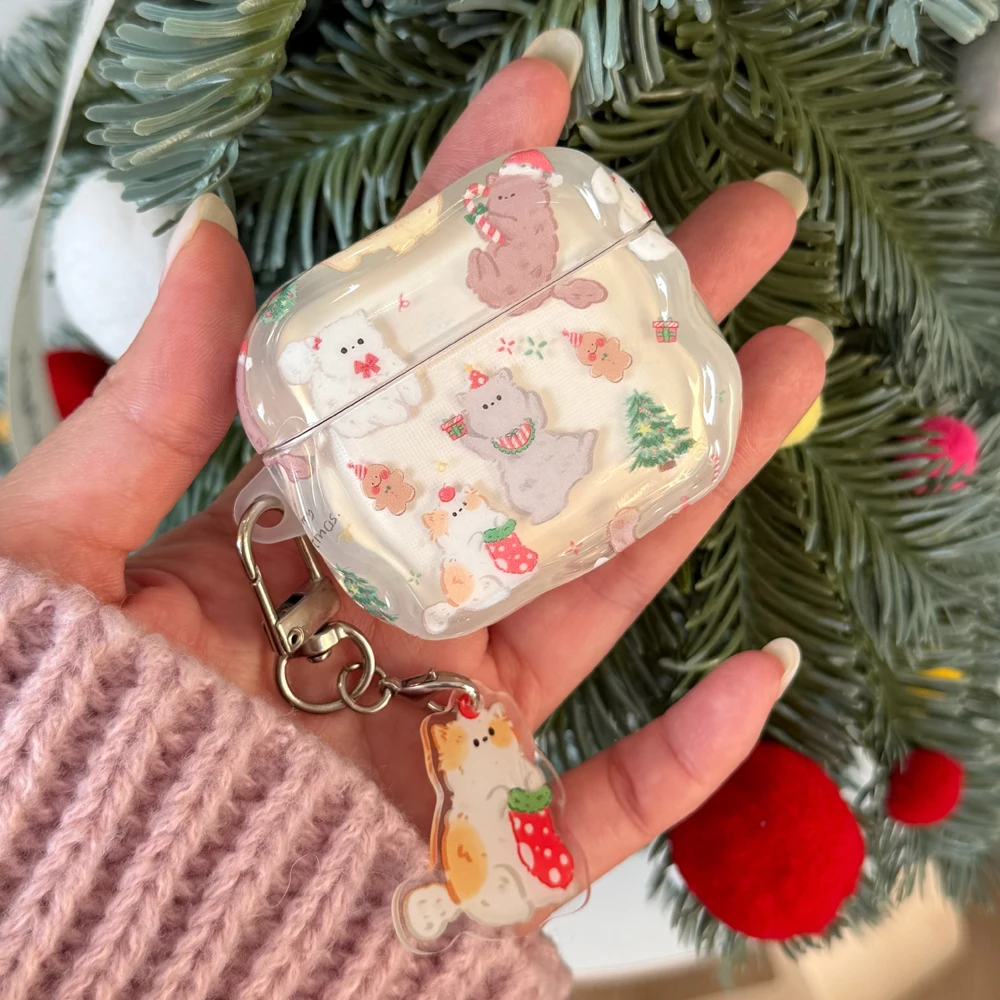 

Christmas Earphone Case for Apple Airpods Pro3 Cute Cat Wavy Shell for Airpods 4 2 3 Pro Pro2 Pendant Wireless Bluetooth Headset