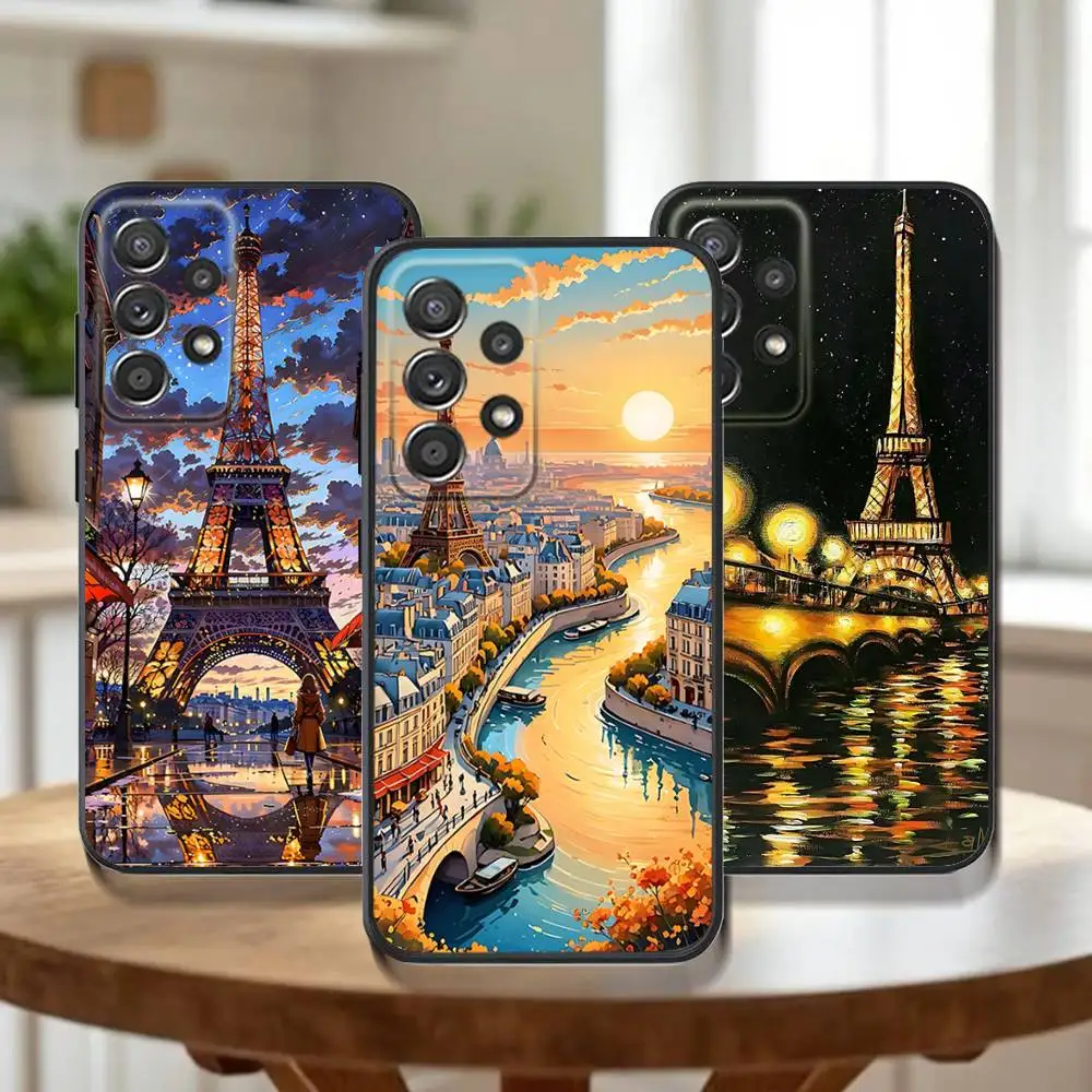 

Paris Art Eiffel T-Tower Phone Case For Samsung Galaxy A73,31,32,72,41,53,52,71,22,5G,Note,J7,8,9 Soft Black Cover