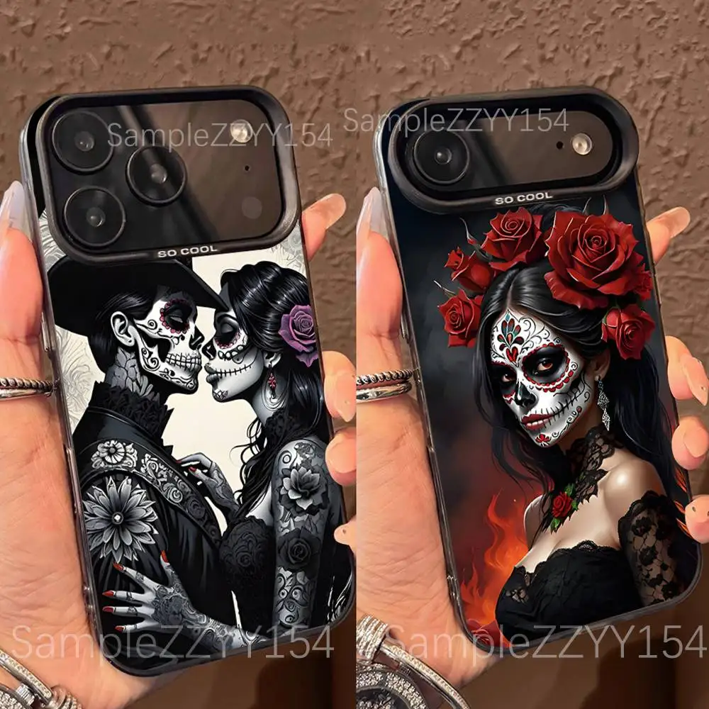 

Mexican Catrina Skull Girl Phone Case For iPhone 17,16,15,14,13,12,X,8,Pro,Max,Plus,E,SE4,Air,Mini Black IMD Matte