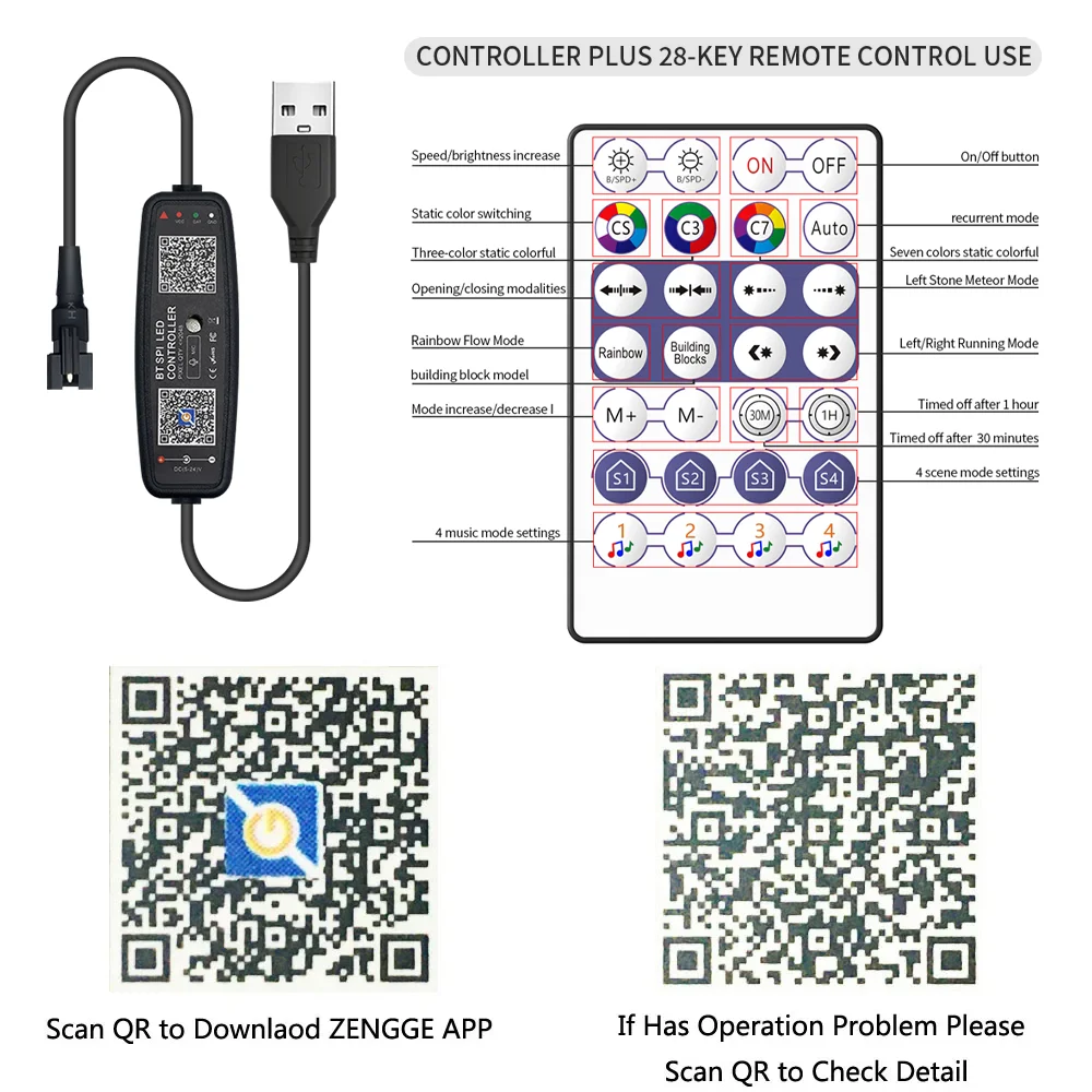 WS2812B 5050 RGBIC LED Strip 60/74/96/144Pixels/m Programmable Addressable led Light with 28keys Music USB controller Kits DC5V