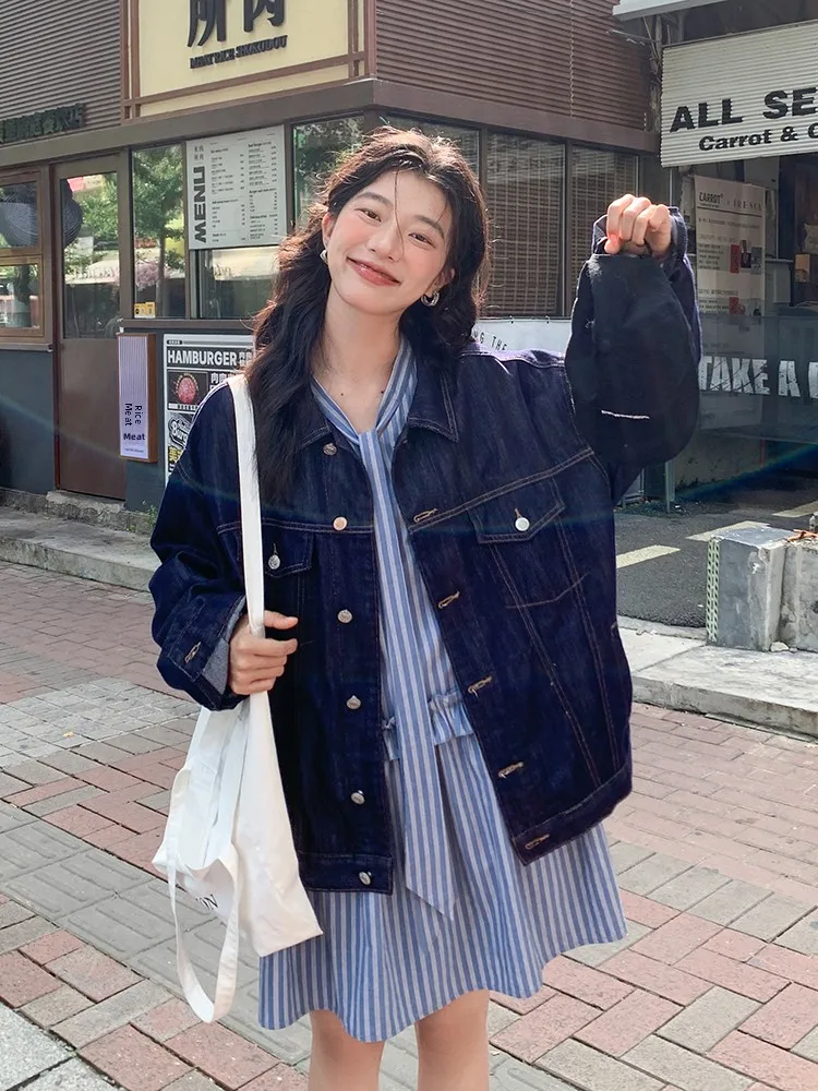 

Темно-синяя женская джинсовая куртка свободного кроя на одной пуговице, весна 2026, новая модель в стиле ретро, повседневная, с длинными рукавами