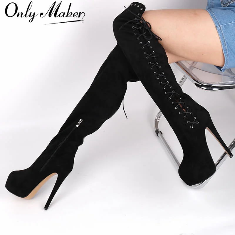 

Onlymaker Women Round Toe Black Flock Lace-UP Over The Knee High Boots Winnter Side Zipper Fashion Thigh Boots