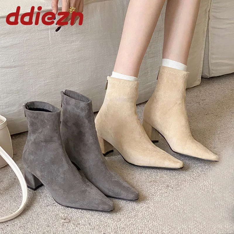 

Женские ботильоны с острым носком и молниями, модные женские короткие эластичные ботинки на квадратном каблуке, обувь