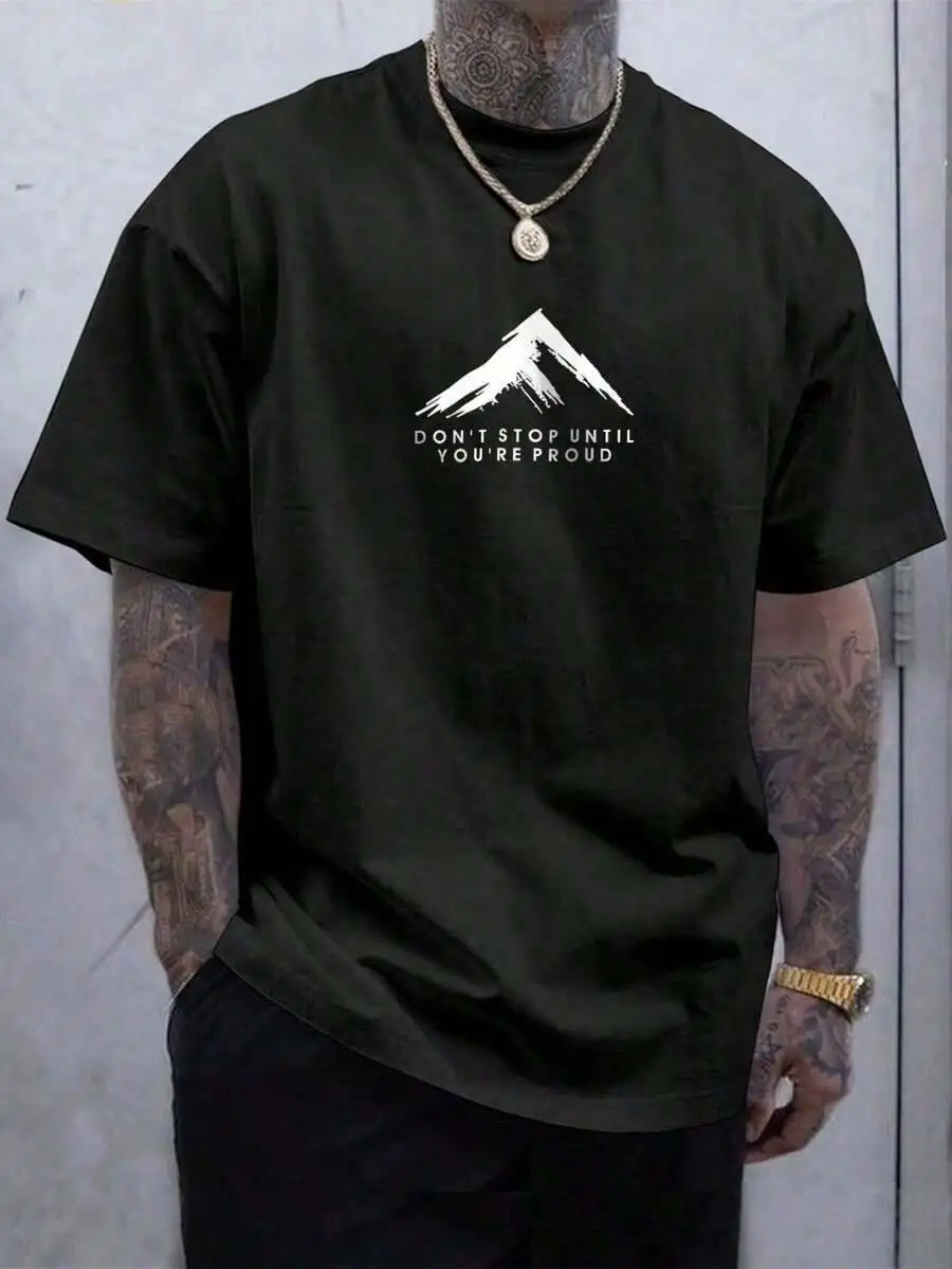 Manfinity Homme Men Round Neck Short Sleeve Mountain Print Black Tee Casual Daily Wear, For Friends