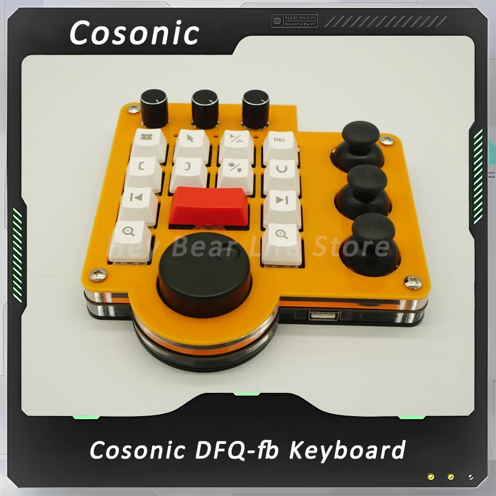 Cosonic DFQ-fb Non-linear Editing Mini Keyboard DaVinci Resolve PR Color Correction USB Keyboard with 3Joysticks 3Knob Customize