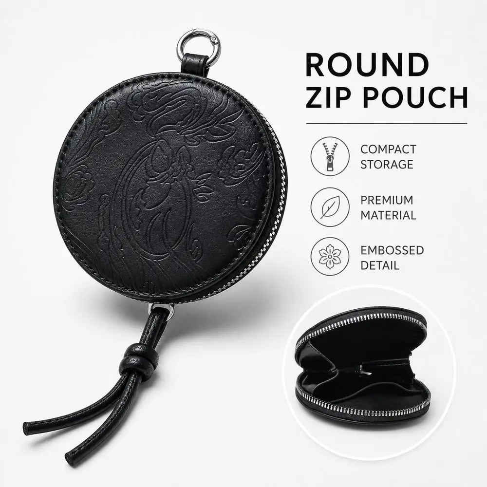 PU Leather Round Coin Purse Zipper Closure Embossed Pattern Zipper Coin Pouch Round Shape Cord Pull Change Purse Daily Carry