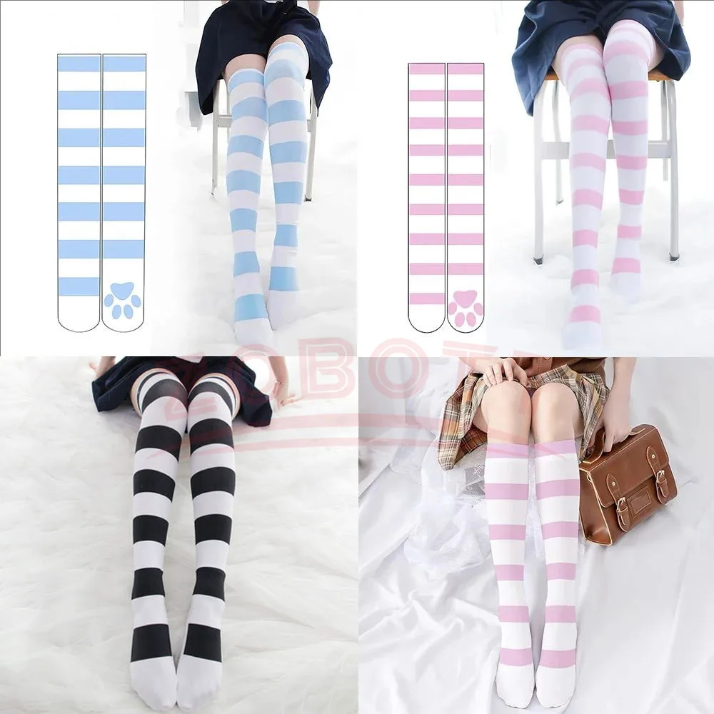 Süße Kawaii-Strümpfe mit Katzenpfotenmuster, gestreift, Fußabdruck, Lolita, zweidimensionale College-Stil, hohe Röhren-Kniestrümpfe, dünne Wadensocken