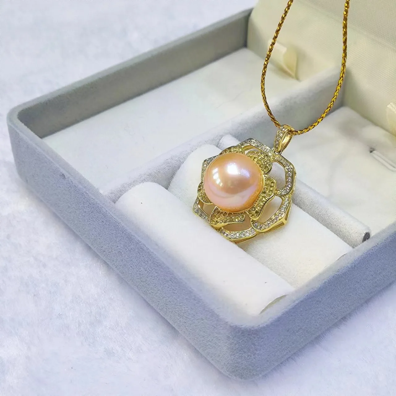 S925 Silver 12-13mm Orange Pink Natural Freshwater Pearl Pendant, Near Round Almost Flawless, Elegant Pearl Jewelry Gift