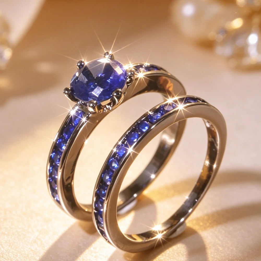 2Pcs Blue Sapphire Ring Set, Round Cut Center Stone with Paved Side Stones, Stackable Wedding Promise Rings for Women