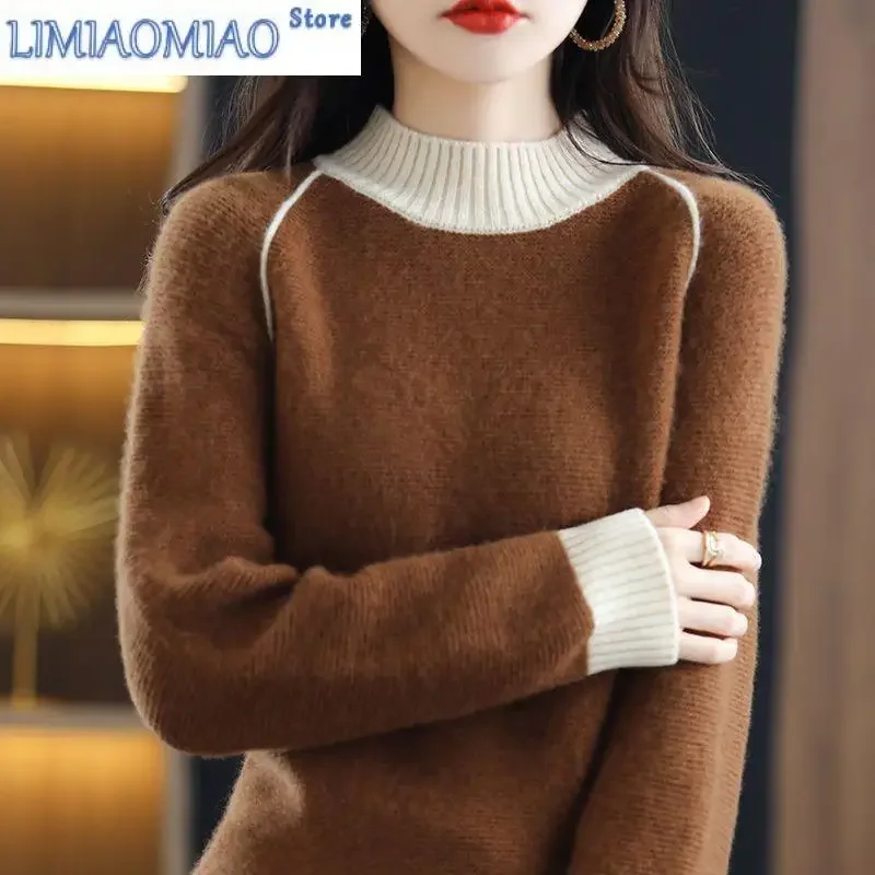 

Новый осенне-зимний модный корейский топ с цветными блоками и полувысоким воротником, свободный и универсальный женский вязаный свитер в стиле вестерн