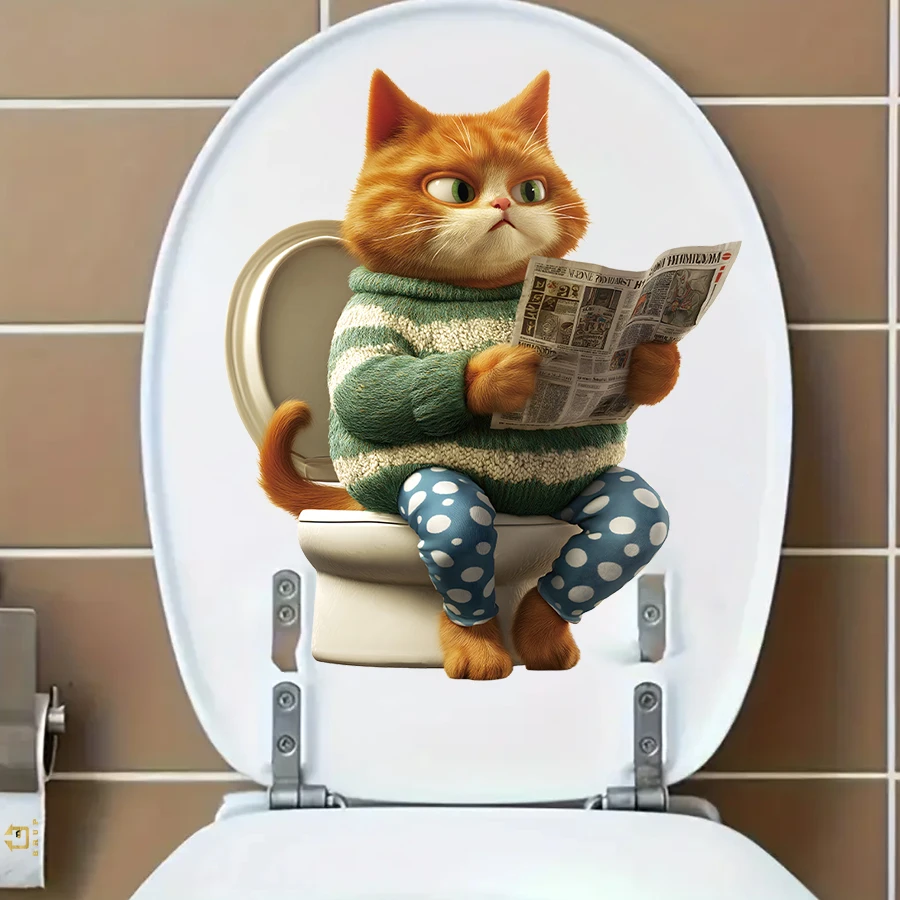 1 Stück urkomische Katze, die Zeitung lesen, Toilettenaufkleber – lustiger Badezimmer-Vinylaufkleber für Kinderbadezimmer, thematische Toilettendekoration