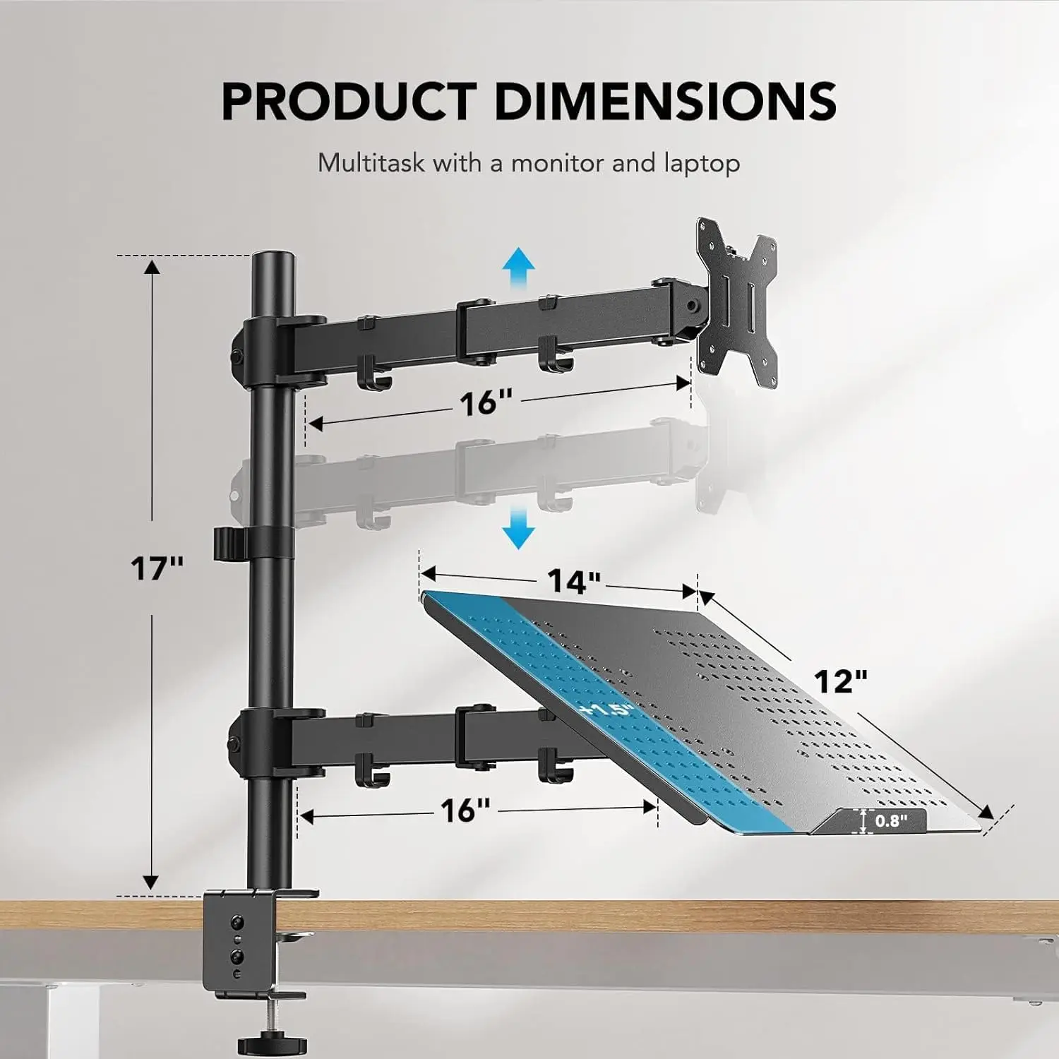 Adjustable Monitor Arm with Laptop Tray, Single Desk Mount for 13-32" VESA Monitors up to 22 lbs, 14"x12" Laptop Tray view 4