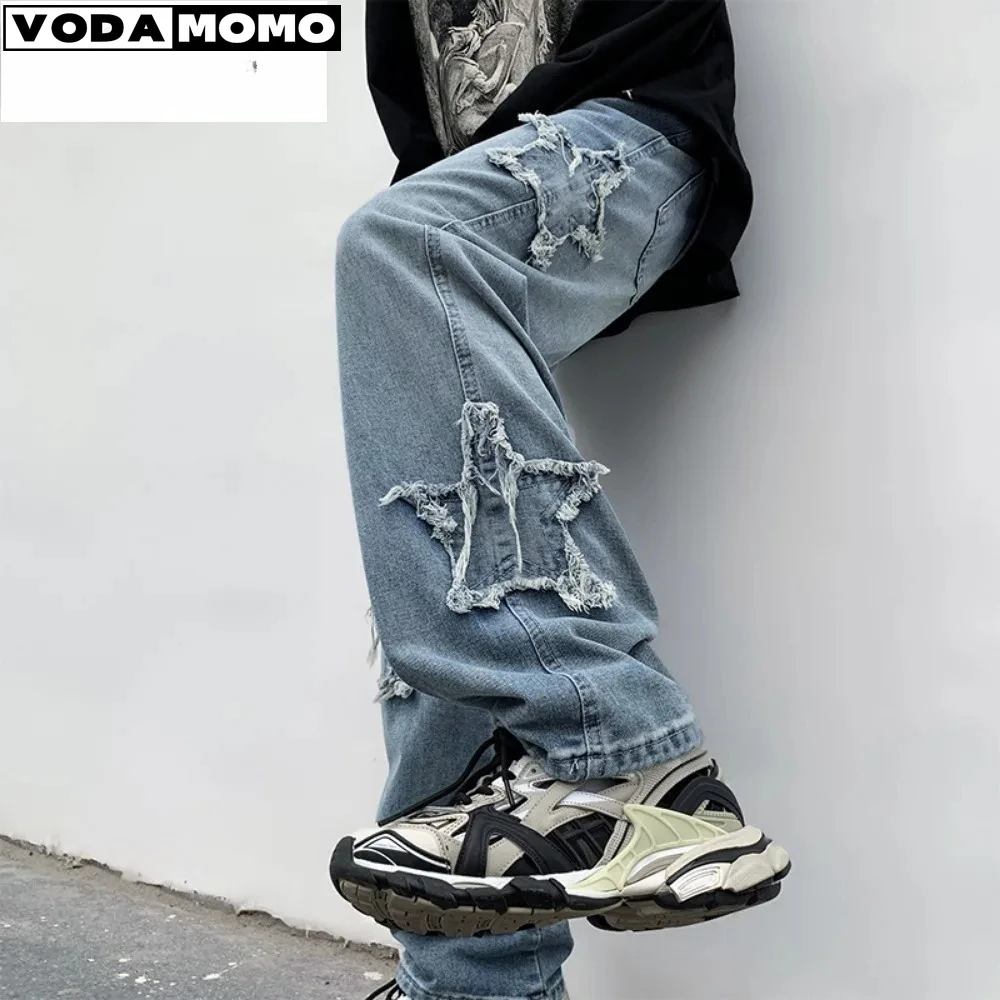 New Fashion Stars Towel Embroidery Brown Men Jeans Pants Y2K Clothes Straight Hip Hop Cotton Trousers Pantalon Homme