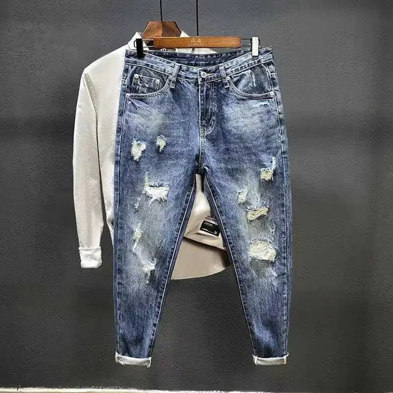 

Torn Mens Cowboy Pants with Print Ripped Broken Holes Graphic Trousers Aesthetic Tapered Harajuku Classic Buggy Xs Jeans for Men