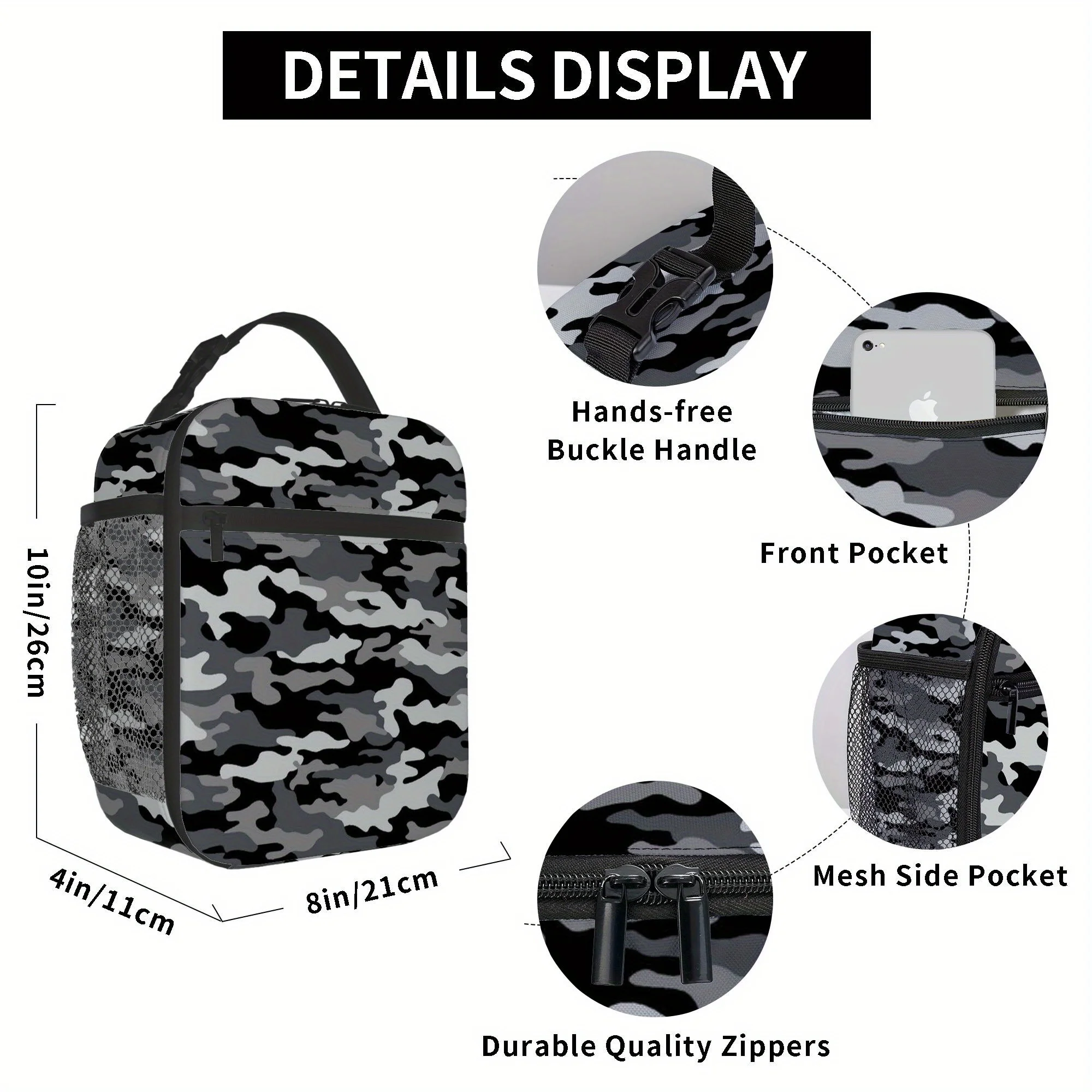 1pc, Featuring a Camouflage Design in Gray Tones. This Printed Thermal Bag Is Insulated And Not Intended for Direct Food Contact