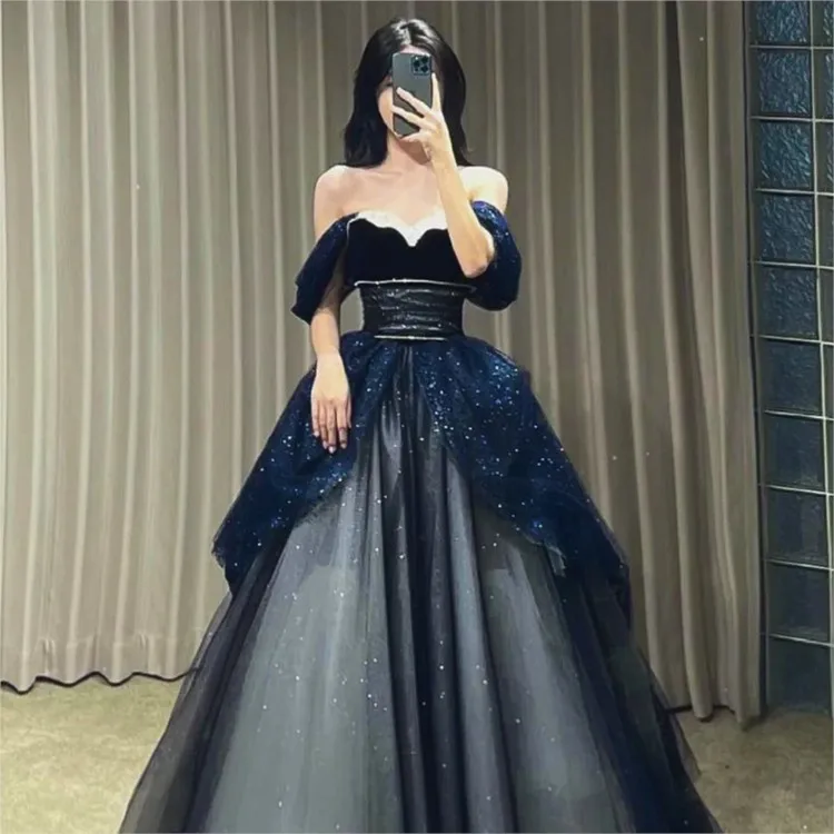 Evening Dress New High-Grade Blue Fairy off-Shoulder Birthday Engagement