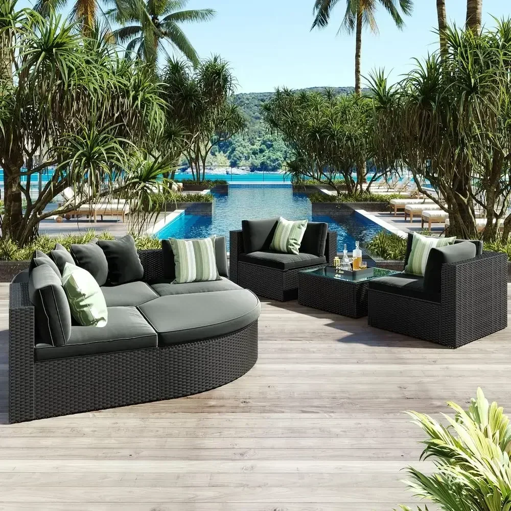7 Piece Outdoor Patio urniture Soa Sets,All Weather Rattan Contion Soa Set with Striped Green Pillows/Tempered Glass Coee Table