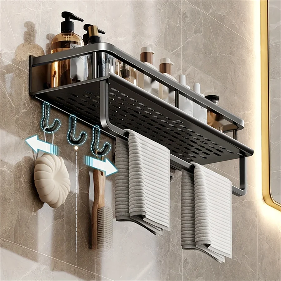 Aluminum Bathroom Supplies Storage Hook Shelf Multifunctional Wall Mounted Shelf Bathroom Towel Bar Bathroom Items Storage Rack