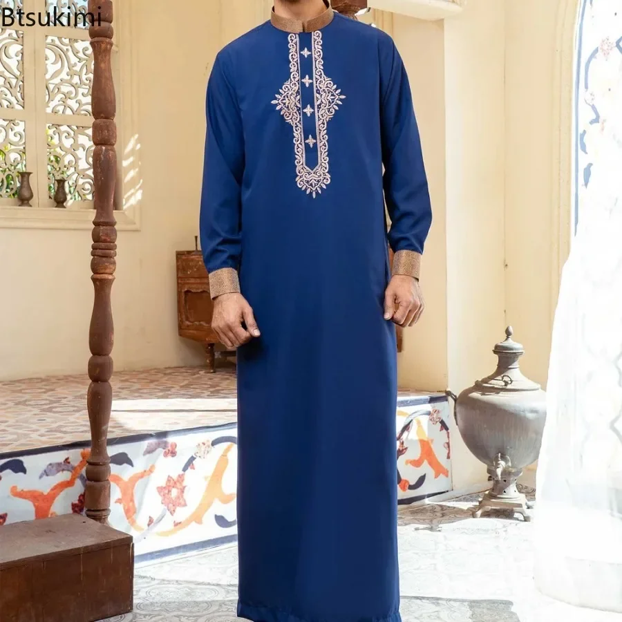 2025 moda muçulmana abayas para homens cor sólida bordado longo robe masculino jubba thobe árabe saudita musulman camisas roupas islâmicas