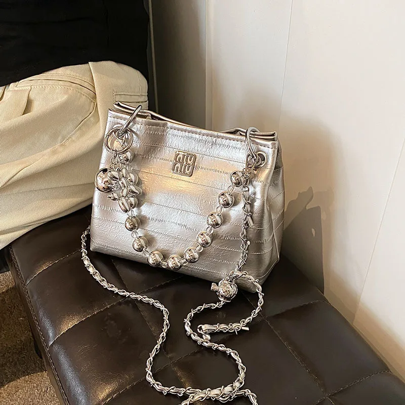 

2025 Trendy Pebble Leather Bucket Bag Women's Chain Strap Shoulder Crossbody Purse Fashion