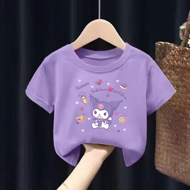 Детская-футболка-sanrio-kuromi-с-короткими-рукавами-полиэстеровые-футболки-с-принтом-персонажей-аниме-летние-дышащие-топы-с-круглым-вырезом-для-девочек-повседневная-одежда