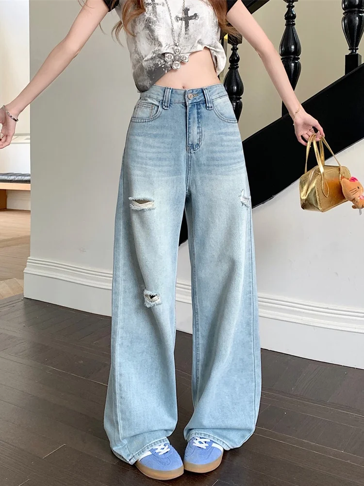

Retro High Waist Distressed Denim Jeans Women's Spring 2026 New Style Slim Straight Wide Leg Long Trousers Fashionable