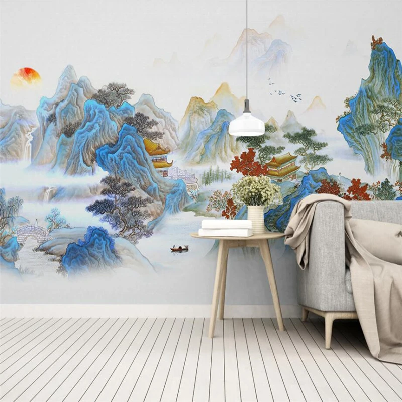 Customized products New Chinese style Hand-painted Artistic Ink Classical Landscape Welcomes Pine Wall Mural Green Wallpaper 8d