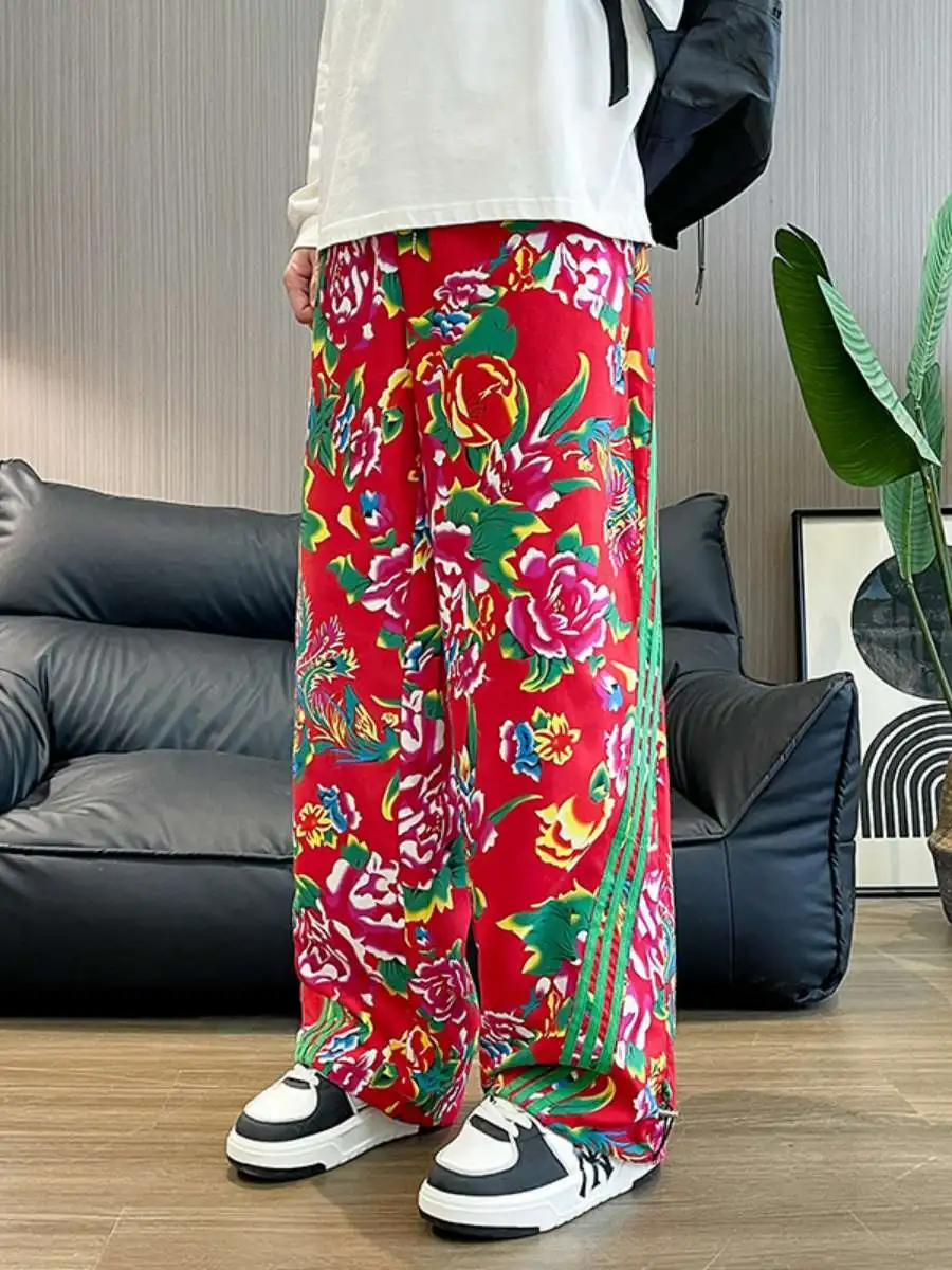 

Новые повседневные брюки KF с крупным цветочным принтом для мужчин и женщин, спортивный костюм, укороченные брюки-харлан, утепленные, из лайкры, со средней посадкой на талии