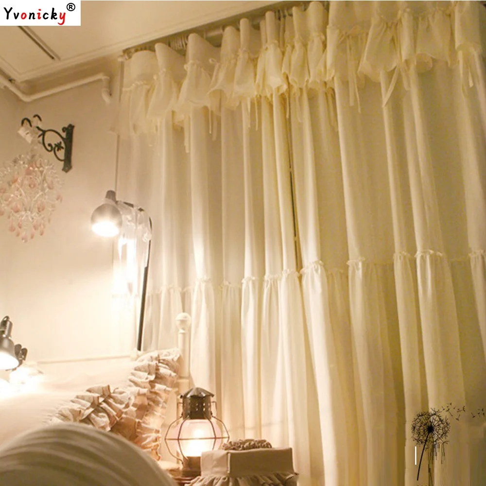 Korean INS Brand 100% Cotton Elegant Blackout Curtains for Girl's Bedroom Cream White Skirt Window Drapes with Ruffles Valance