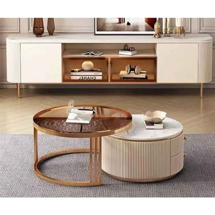 Modern Round Glass Coffee Table with Gold Accents  of Two Nesting Side Tables Marble and Living Room Furniture