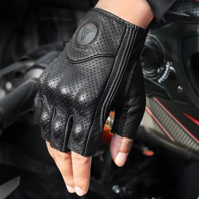 Summer Motorcycle Fingerless Gloves Accessories Goatskin Leather Half Finger Gloves Motocross Gant Moto Guantes Moto Verano view 4