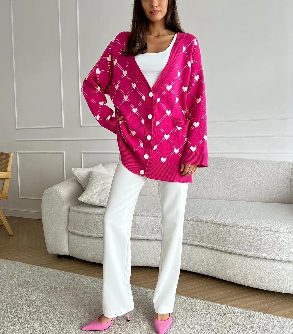 Suninbox donna Pink Hearts Print Cardigan Oversize autunno Button Vintage Warm Cardigan Casual Office Lady giacca lavorata a maglia con scollo a v