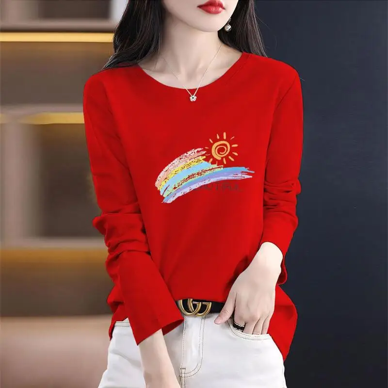 الشباب المرأة طويلة الأكمام تي شيرت ربيع الخريف موضة الاتجاه امرأة الملابس الترفيه بسيط تيز فضفاض ملابس علوية من القطن منتجات جديدة