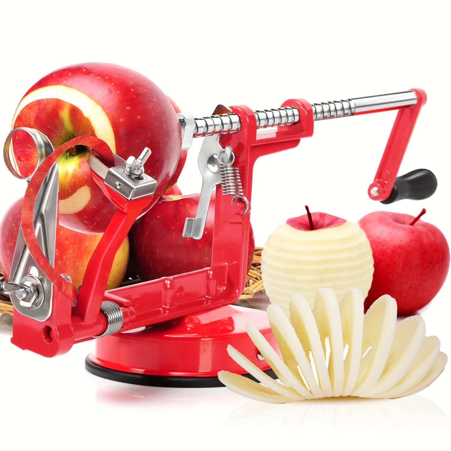 Peeler Corer 3 In 1  Peeler Slicer Corer with Powerful Suction Base and Stainless Steel Blades for Apples Pears (Red)