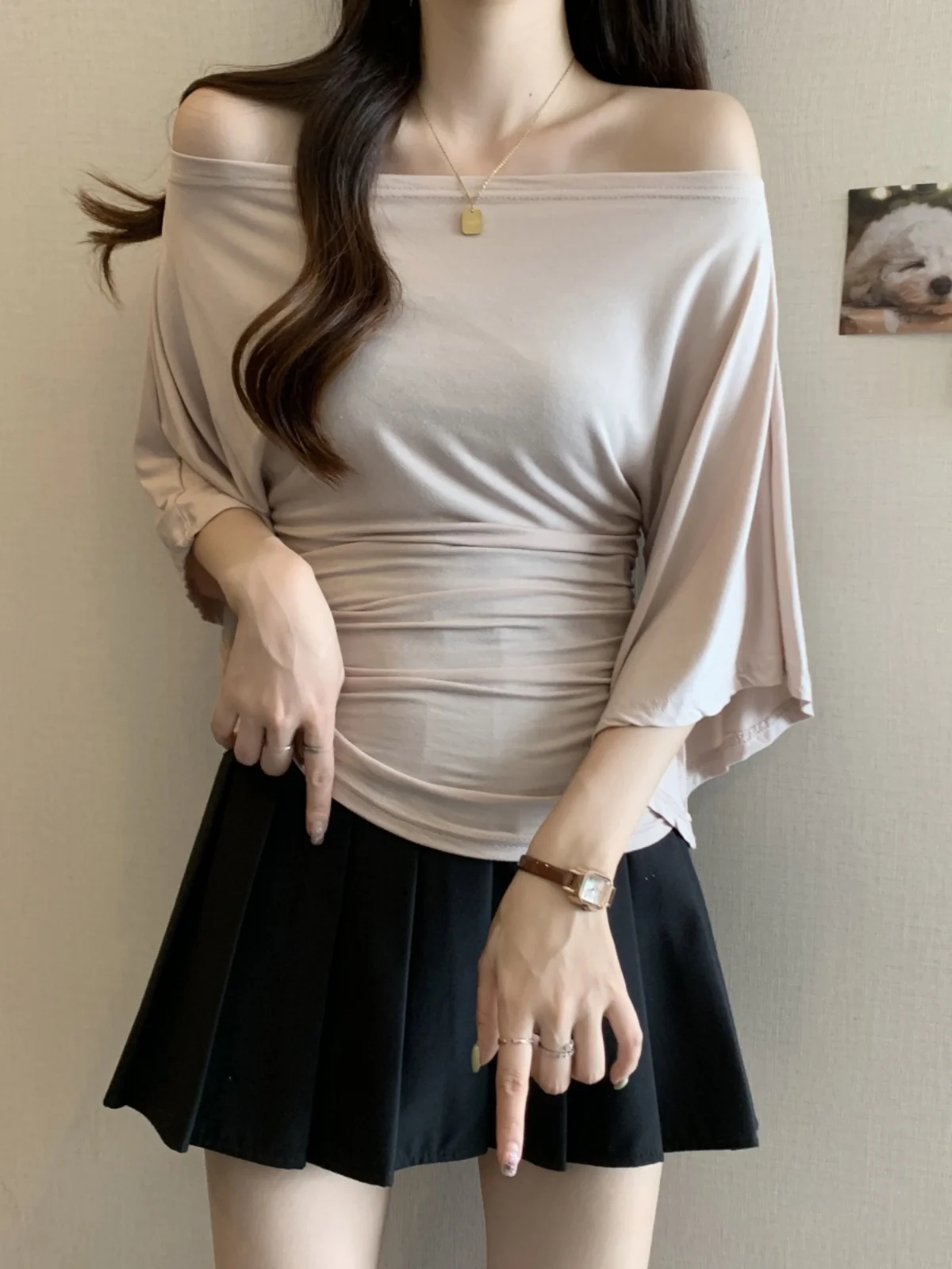 Slimming One-Shoulder Sun-Protective Top Women's plus Size Summer T-Shirt Belly Covering Seven-Quarter Sleeve Base Shirt