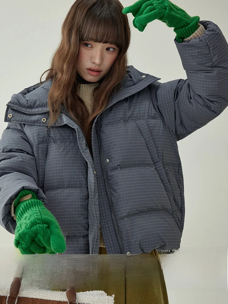 

AMUU Оригинальное женское зимнее пальто с капюшоном, 90% белый пух, в клетку, утепленное, в корейском стиле, свободного кроя, для повседневной носки