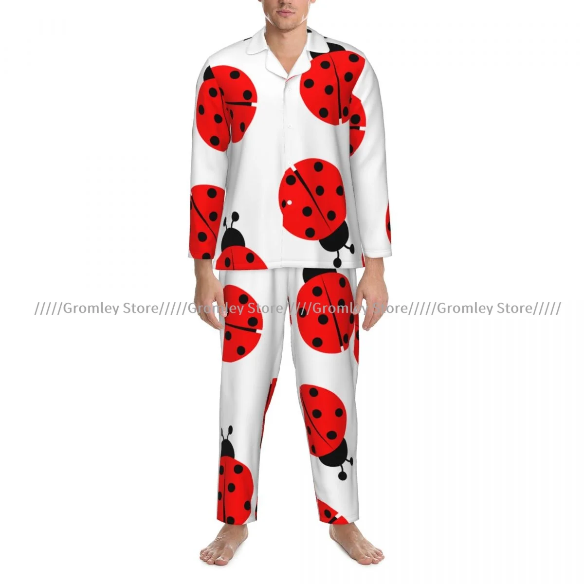 Ladybug Men Pajamas Long Sleeve Male Sleepwear Suit Set Homewear