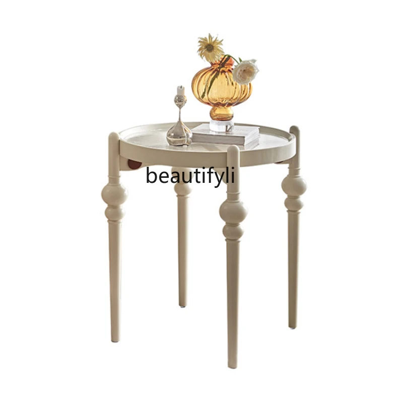 

French Cream Style Solid Wood Side Table Small Coffee Table High-Grade Light Luxury Glass Corner Table