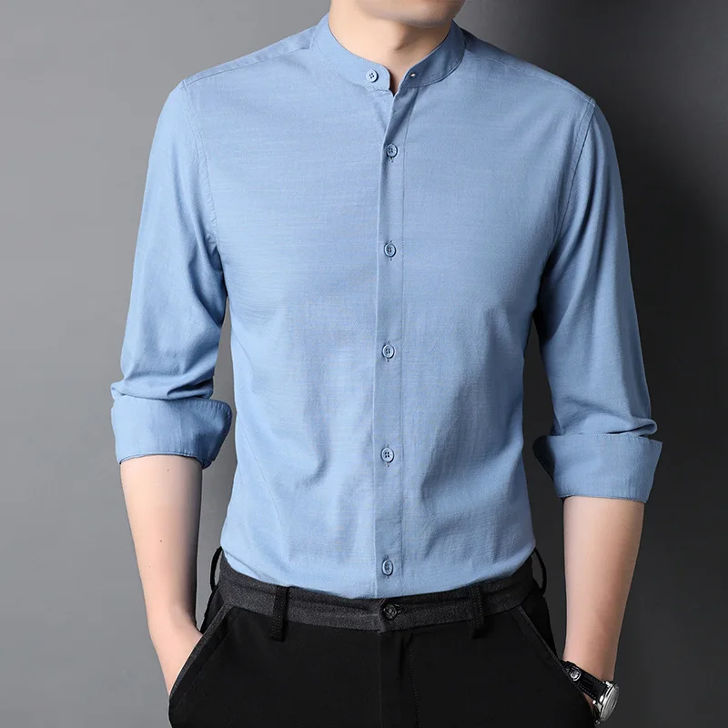 

Men Clothing 2023 New Standing Collar Shirt Men's Long Sleeve Spring and Autumn Top Youth Simple Casual Men's Solid Color Shirt