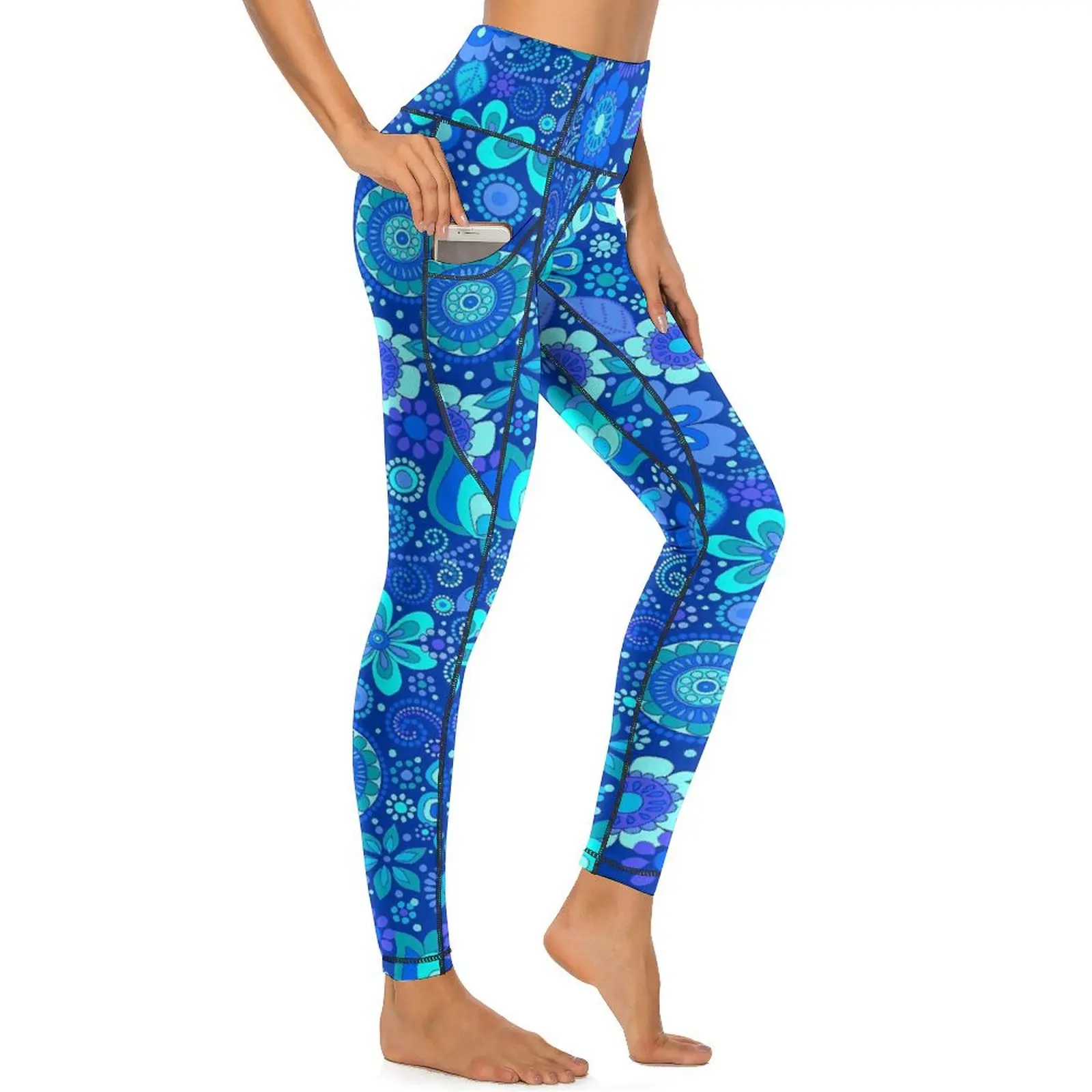 

Blue Flower Dots Leggings Sexy Retro Floral Workout Yoga Pants High Waist Stretch Sport Legging Pockets Funny Printed Leggins