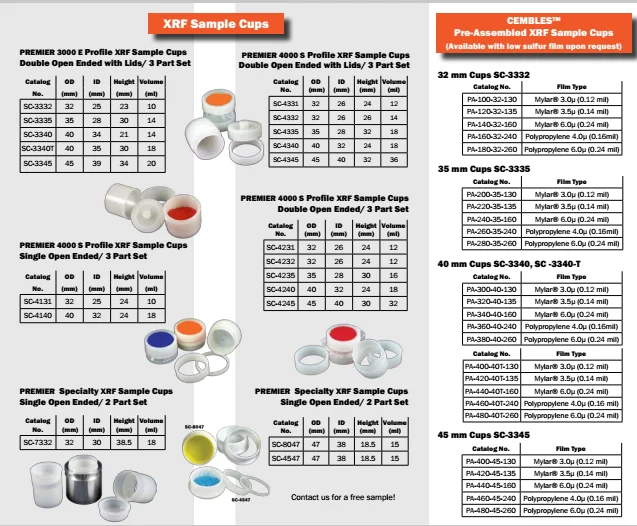 US premier sample cup SC-4231XRF sample cup EDXRF spectrometer test cup