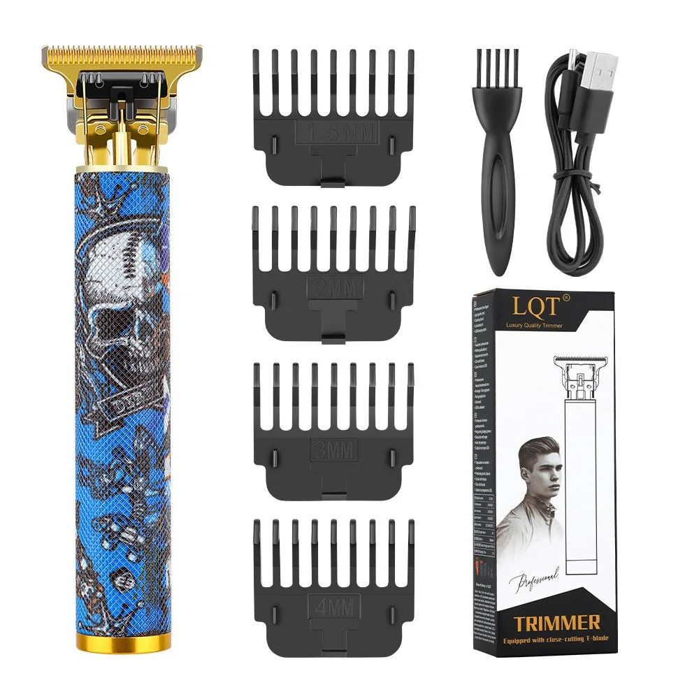 Retro Tattoo Skull Pattern Cordless T Hair Trimmer Gold Blade Zero Gap Barber Shaver for Men Hair Beard Styling with Limit Combs