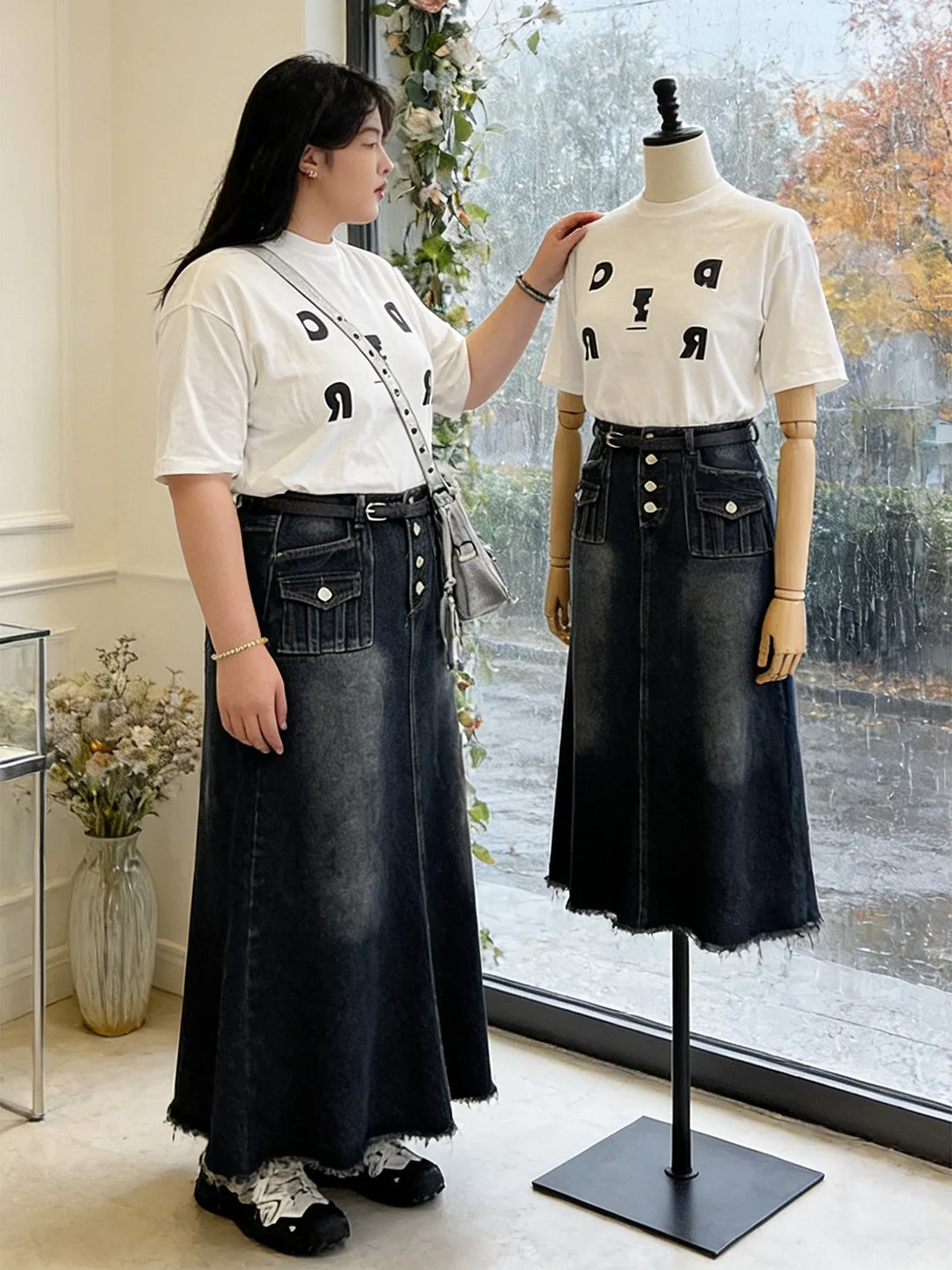 

Retro American Torn Denim A-Line Skirt Women's Spring New Long Skirt plus Size Slimming High Waist Long Sve Casual Skirt