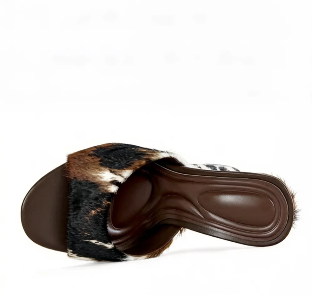 Cow Print Calf Hair Wedge Sandals Open-Toe Slip-On Design Curved Heel Mixed Brown Black Fur Texture Retro Western Style Footwear view 4
