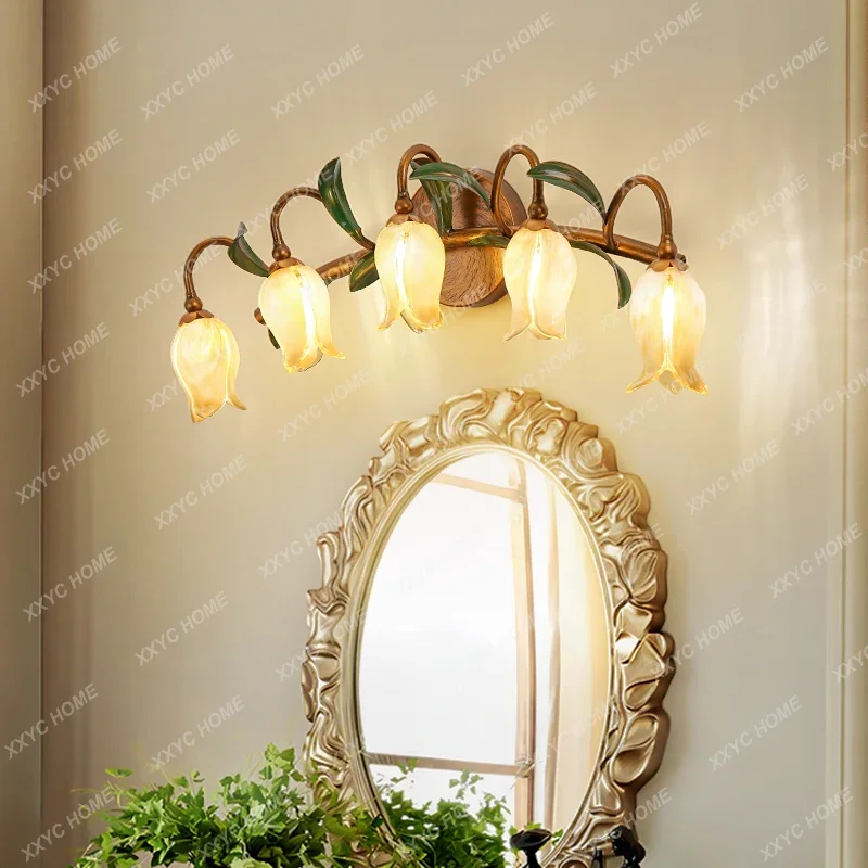 Bedroom bedside wall lamp American art living room  lamp aisle three heads retro wrought iron French pastoral mirror headlamp