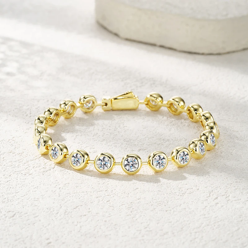 

Trendy Bracelet Women Gold Plated Round Moissanite Bezel Setting Tennis Chain Beads Bezel Setting 925 Sterling Silver Bracelet