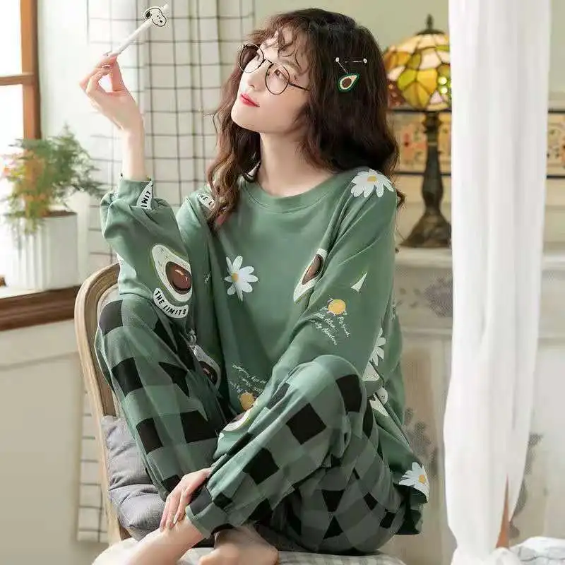 Women\'s Pajamas Sets Cartoon Pyjamas Plaid Loungewear Summer Autumn Cute Sleepwear Casual Pijamas Mujer 2 Piece Pjs Homewear