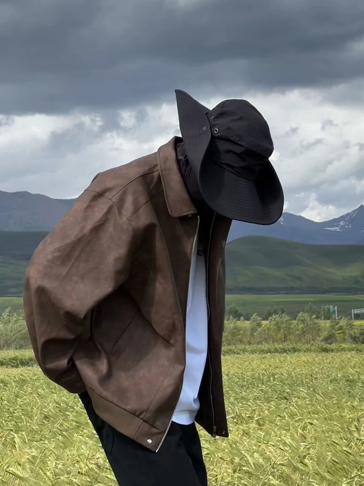 

Мужская кожаная куртка-жакет коричневого цвета в стиле вестерн, с застежкой-молнией, для верховой езды, повседневная, свободного кроя, из смесового полиэстера