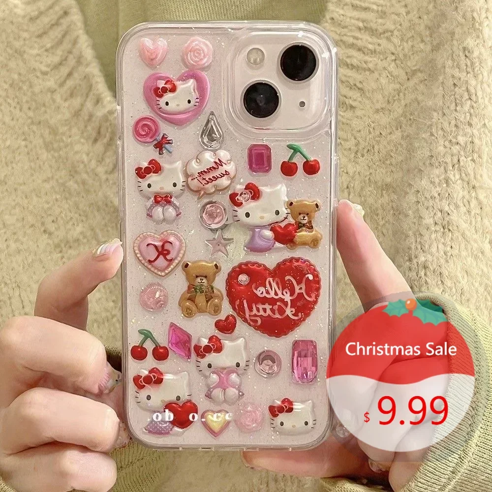 

Sanrio Peripheral HelloKittys 3D Love Y2k Phone Case IPhone 11 12 13 14 15Pro Max 15Pro Drop Resistant Soft Phone Case Gift